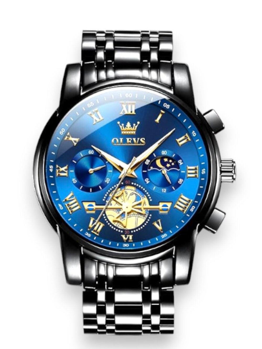 Olevs Men's Analog Watch, BLACK BAND BLUE FACE
